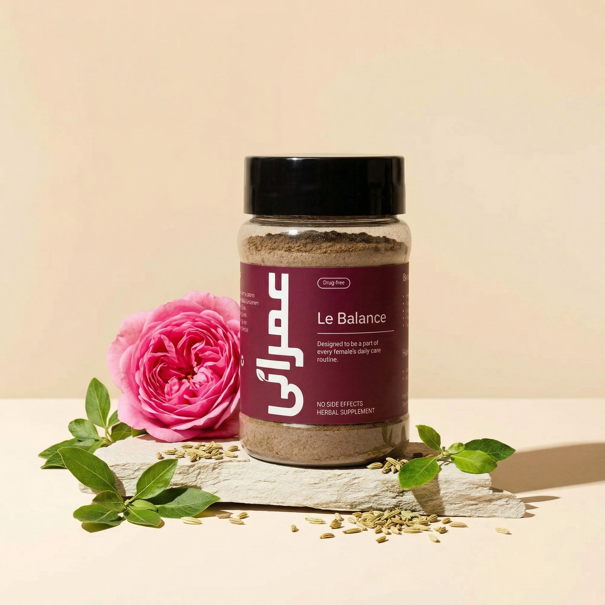 Imrani Official Herbal supplement jar labeled 'Le Balance' with a pink rose and green leaves on a beige background