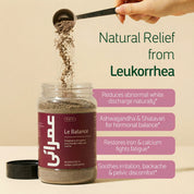 Imrani Official Herbal supplement jar labeled 'Le Balance' with a spoonful being poured, on a beige background.